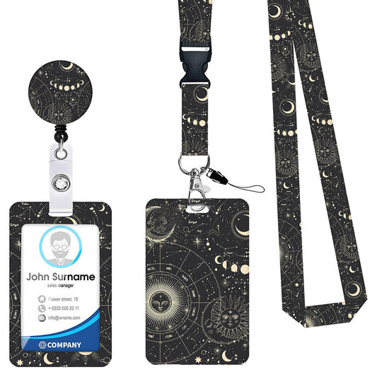 Image of 2 pcs black star and moon pattern retractable badge reel & id card holder set with lanyard - durable abs plastic  suitable for aged care, corporate offices, and commercial settings