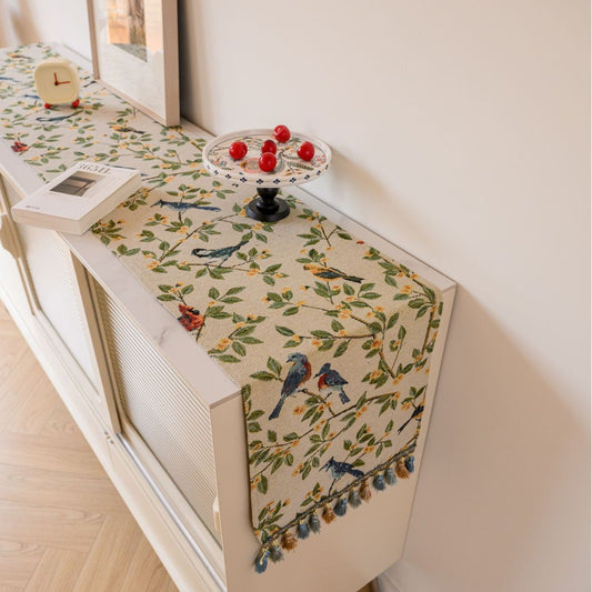 Image of two orioles in jacquard rice 33-180cm elegant geometric jacquard table runner with tassels - modern dining & coffee table decor  ideal for luxury casual home interiors