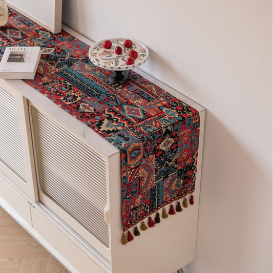 Image of vintage jacquard 33-180cm elegant geometric jacquard table runner with tassels - modern dining & coffee table decor  ideal for luxury casual home interiors