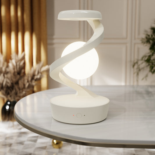 Image of white modern levitating led desk lamp  - spiral design atmosphere light  versatile for both home and professional use