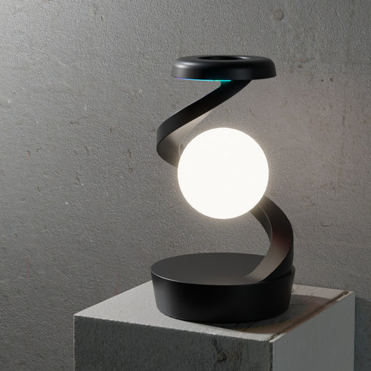 Image of black modern levitating led desk lamp  - spiral design atmosphere light  versatile for both home and professional use
