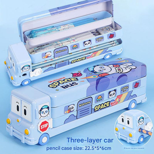 Image of 2-pcs blue fun school bus pencil box with built-in sharpener - 3 layer large capacity stationery box for kids  suitable for aged care, corporate offices, and commercial settings