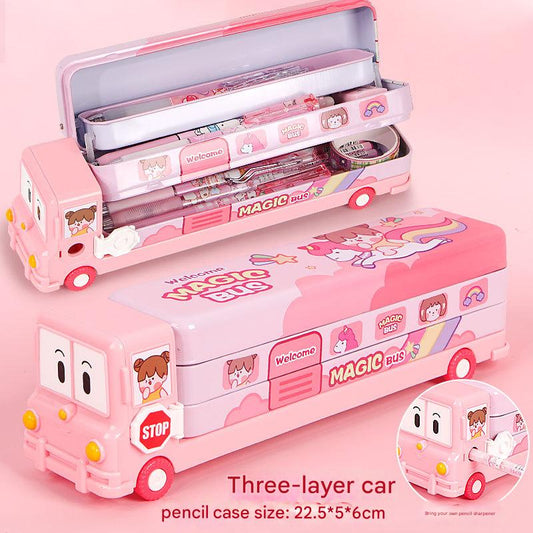 Image of 2-pcs pink fun school bus pencil box with built-in sharpener - 3 layer large capacity stationery box for kids  suitable for aged care, corporate offices, and commercial settings
