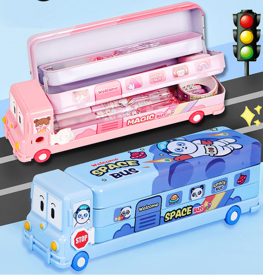 Image of 2-pcs (one pink and one blue) fun school bus pencil box with built-in sharpener - 3 layer large capacity stationery box for kids  suitable for aged care, corporate offices, and commercial settings