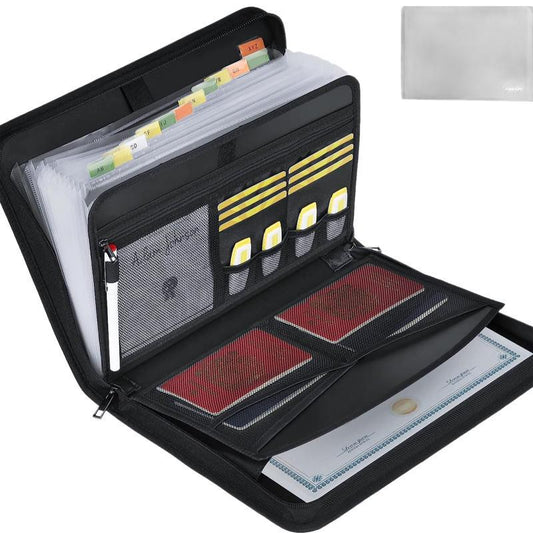 Image of expanding accordion file organizer - fireproof & waterproof document storage case  suitable for aged care, corporate offices, and commercial settings