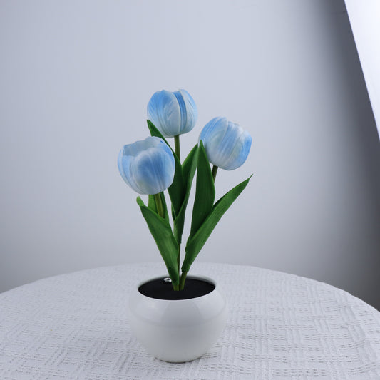 Image of blue charging model artificial tulip bouquet led light - ceramic pot desk lamp  ideal for luxury casual home interiors