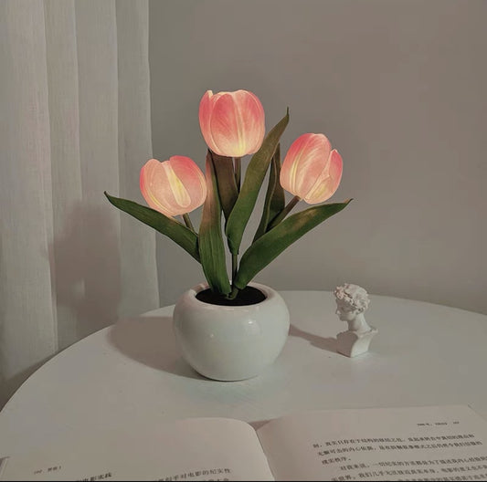 Image of pink charging model artificial tulip bouquet led light - ceramic pot desk lamp  ideal for luxury casual home interiors