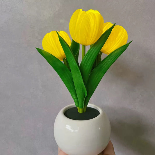 Image of yellow charging model artificial tulip bouquet led light - ceramic pot desk lamp  ideal for luxury casual home interiors