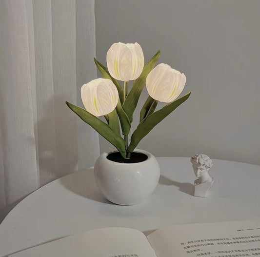Image of white charging model artificial tulip bouquet led light - ceramic pot desk lamp  ideal for luxury casual home interiors