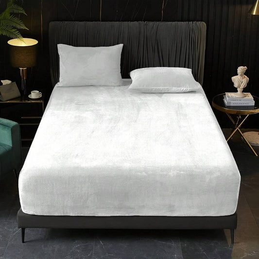 Image of white plush crystal velvet fitted sheet - ultra soft, warm & thick for winter (99x190+36cm)  ideal for luxury casual home interiors