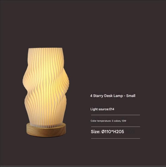 Image of unique pleated design table lamp - 3d printed washable shade, wooden base, adjustable led (four-star rotation)  versatile for both home and professional use