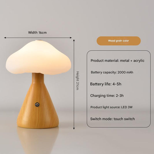 Image of woodgrain color mushroom led table lamp - rechargeable, 3-color touch dimmable, usb-c  versatile for both home and professional use
