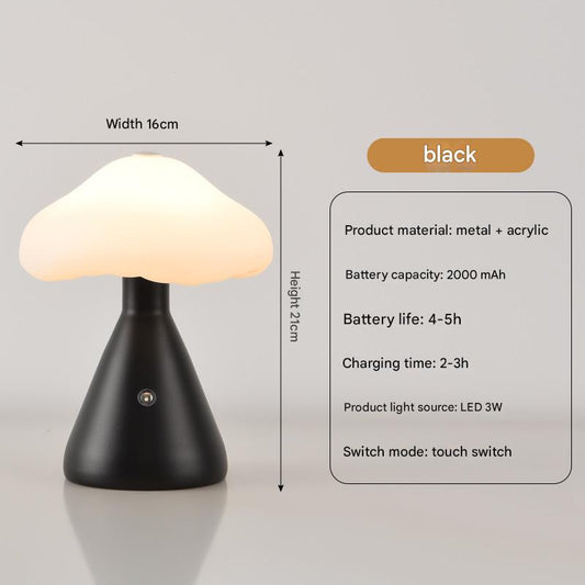 Image of black mushroom led table lamp - rechargeable, 3-color touch dimmable, usb-c  versatile for both home and professional use