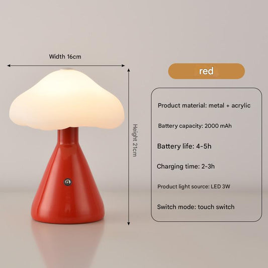 Image of red mushroom led table lamp - rechargeable, 3-color touch dimmable, usb-c  versatile for both home and professional use