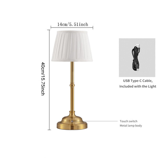 Image of gold and white elegant rechargeable fabric shade led lamp - cordless touch stepless dimmable table light  ideal for luxury casual home interiors