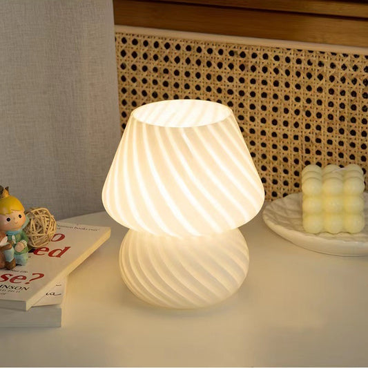 Image of white retro swirl glass mushroom table lamp - usb powered 3-level dimmable bedside accent light  ideal for luxury casual home interiors