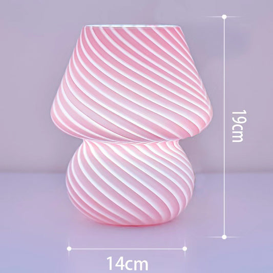 Image of pink retro swirl glass mushroom table lamp - usb powered 3-level dimmable bedside accent light  ideal for luxury casual home interiors