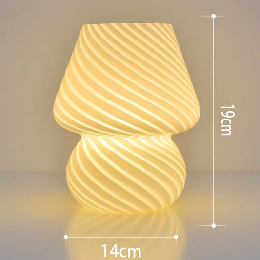 Image of yellow retro swirl glass mushroom table lamp - usb powered 3-level dimmable bedside accent light  ideal for luxury casual home interiors