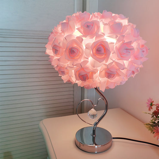 Image of pink roses and silver base romantic red rose flower table lamp - crystal heart accent bedside night light  ideal for luxury casual home interiors