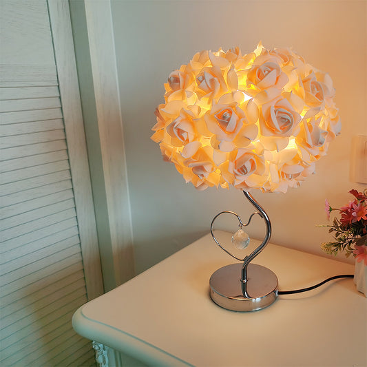 Image of yellow roses and silver base romantic red rose flower table lamp - crystal heart accent bedside night light  ideal for luxury casual home interiors