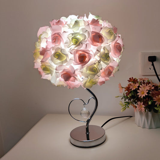 Image of pink,green roses and silver base romantic red rose flower table lamp - crystal heart accent bedside night light  ideal for luxury casual home interiors