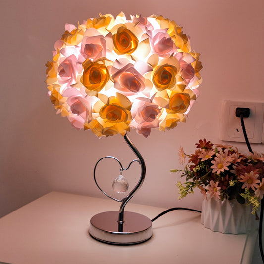 Image of pink,yellow roses and silver base romantic red rose flower table lamp - crystal heart accent bedside night light  ideal for luxury casual home interiors