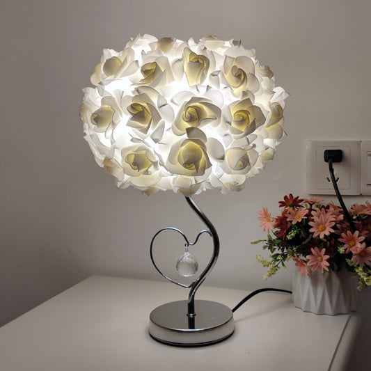 Image of beige roses and silver base romantic red rose flower table lamp - crystal heart accent bedside night light  ideal for luxury casual home interiors
