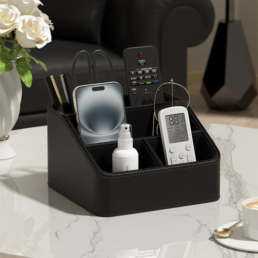 Image of black stylish pu leather desktop organizer caddy - multi-compartment holder for remotes, office supplies, makeup  suitable for aged care, corporate offices, and commercial settings