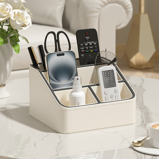 Image of white and black stylish pu leather desktop organizer caddy - multi-compartment holder for remotes, office supplies, makeup  suitable for aged care, corporate offices, and commercial settings