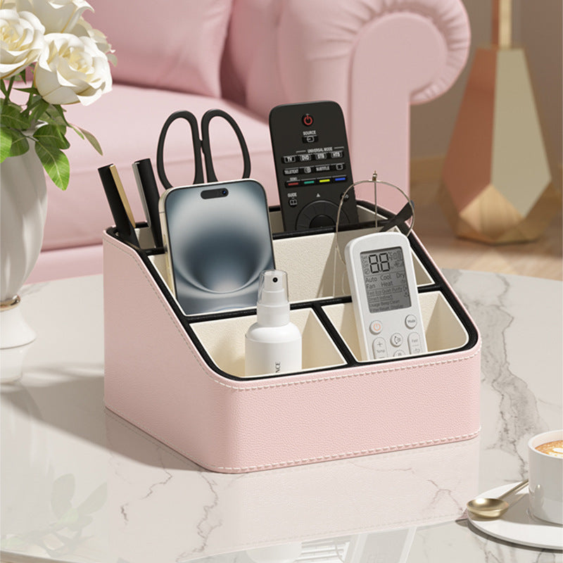 Image of pink and black stylish pu leather desktop organizer caddy - multi-compartment holder for remotes, office supplies, makeup  suitable for aged care, corporate offices, and commercial settings