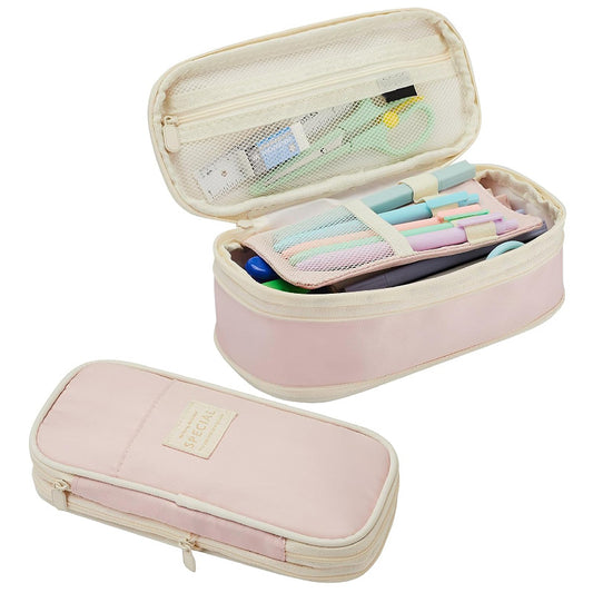Image of pink large capacity expandable pencil case - multi-compartment student stationery pouch (only with pencil case)  suitable for aged care, corporate offices, and commercial settings