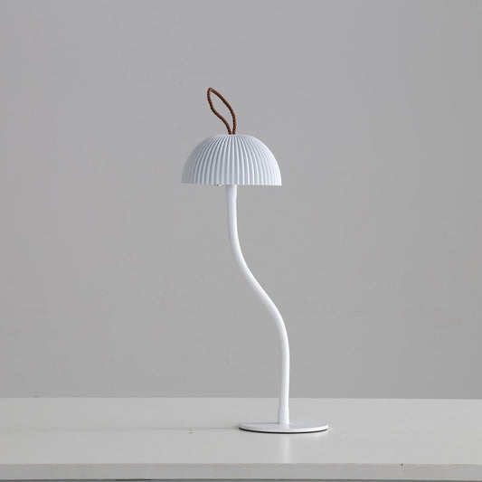 Image of white three-dimensional stripes sleek minimalist led mushroom table lamp - rechargeable 3-color touch control, bar & ambient light  versatile for both home and professional use
