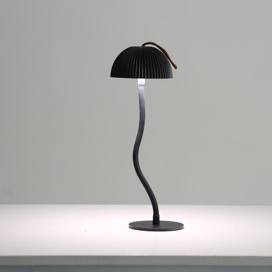 Image of black three-dimensional stripes sleek minimalist led mushroom table lamp - rechargeable 3-color touch control, bar & ambient light  versatile for both home and professional use