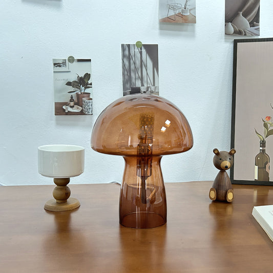 Image of brown charming retro glass mushroom table lamp - vintage nordic style bedside light  ideal for luxury casual home interiors