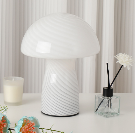 Image of stripe-pure white retro swirl glass mushroom table lamp - led bedside night light  ideal for luxury casual home interiors