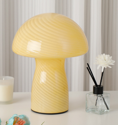 Image of stripe-pure yellow retro swirl glass mushroom table lamp - led bedside night light  ideal for luxury casual home interiors