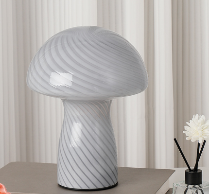 Image of stripe-pure grey-white retro swirl glass mushroom table lamp - led bedside night light  ideal for luxury casual home interiors