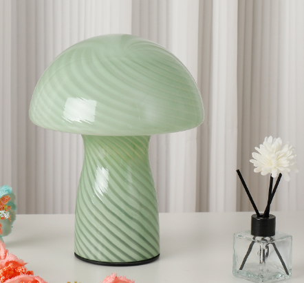 Image of stripe-pure green retro swirl glass mushroom table lamp - led bedside night light  ideal for luxury casual home interiors