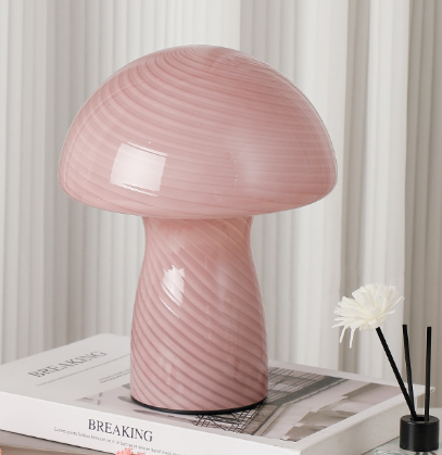 Image of stripe-pure leather pink retro swirl glass mushroom table lamp - led bedside night light  ideal for luxury casual home interiors