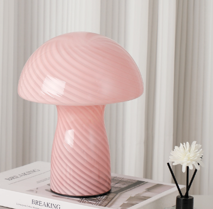Image of stripe-pure pink retro swirl glass mushroom table lamp - led bedside night light  ideal for luxury casual home interiors