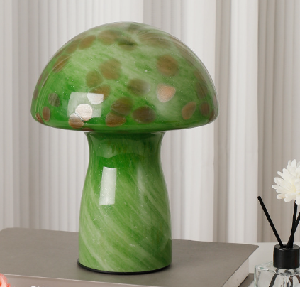Image of camouflage green retro swirl glass mushroom table lamp - led bedside night light  ideal for luxury casual home interiors