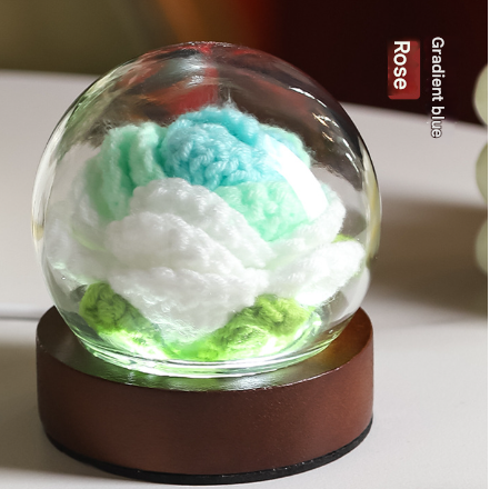 Image of gradient cyan rose knitted flower led dome lamp - usb touch 3-color night light  ideal for luxury casual home interiors