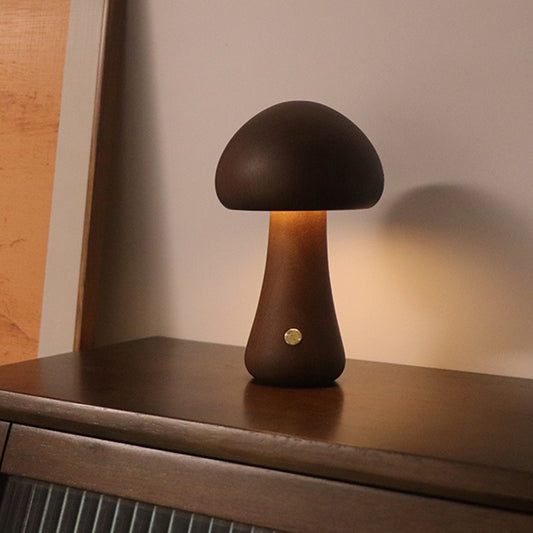 Image of dark brown solid wood mushroom led table lamp - rechargeable touch control bedside night light (large)  ideal for luxury casual home interiors
