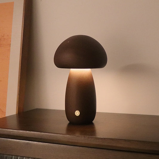 Image of dun-dun model dark brown solid wood mushroom led table lamp - rechargeable touch control bedside night light (large)  ideal for luxury casual home interiors