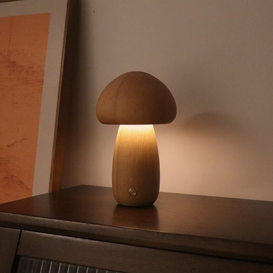 Image of dun-dun model brown solid wood mushroom led table lamp - rechargeable touch control bedside night light (large)  ideal for luxury casual home interiors