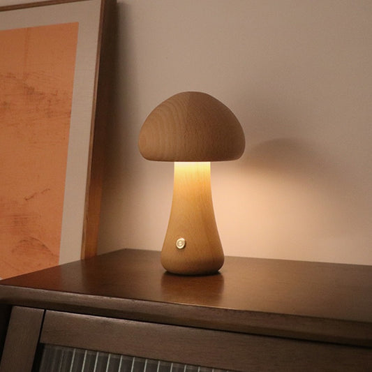 Image of brown solid wood mushroom led table lamp - rechargeable touch control bedside night light (large)  ideal for luxury casual home interiors