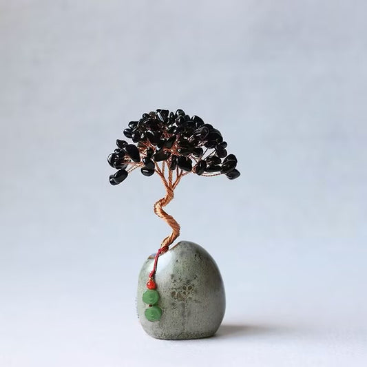 Image of black obsidian natural crystal wealth tree - 12cm feng shui decor, elegant office desk ornament  suitable for aged care, corporate offices, and commercial settings