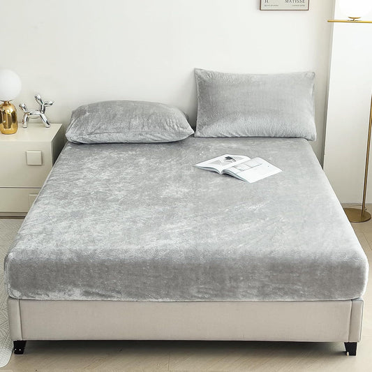 Image of light gray plush crystal velvet fitted sheet - ultra soft, warm & thick for winter (198x203+36cm)  ideal for luxury casual home interiors