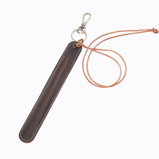 Image of coffee vintage top-grain leather pen sleeve holder with neck strap - protective single pen case  suitable for aged care, corporate offices, and commercial settings