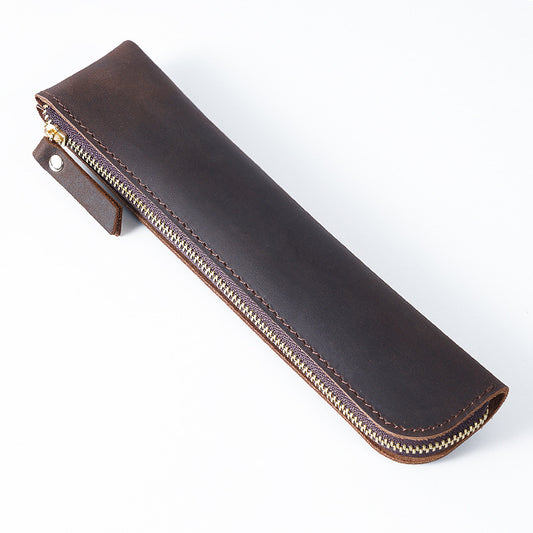 Image of coffee vintage crazy horse leather zippered pen case - retro pencil pouch & small accessories bag  suitable for aged care, corporate offices, and commercial settings